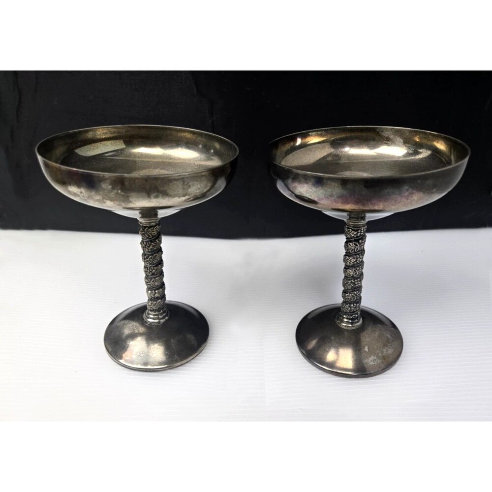 2 Vintage Roma S.L. Champagne Goblets Spain Twisted Grapevine Stem Silver Plate